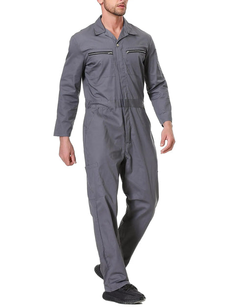 Men's Long Sleeve Navy Poly Cotton Work Coveralls Featuring Action Back And Elastic Waist, Two Way Zipper Front Utility Jumpsuit Built Tough For Mechanics And Daily Grind on model.