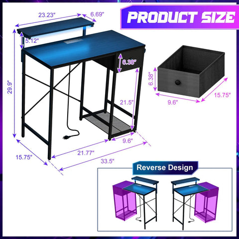 33.5 Inch Compact Gamer Desk With Remote RGB LED Lights And 3 In One Power Hub Monitor Stand CPU Stand Built In Storage Drawer