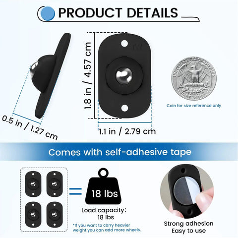 Heavy Duty Self Adhesive Caster Wheels And Appliance Rollers For Kitchen Countertop Sliding With 360 Degree Swivel dimensions and details.