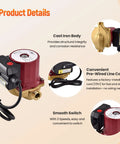 1.25 Hp 115V Water Circulator Pump With 1 2 Inch Sweat Line For Hydronic Heating and Radiant Floors showing cast iron body and pre-wired line cord.