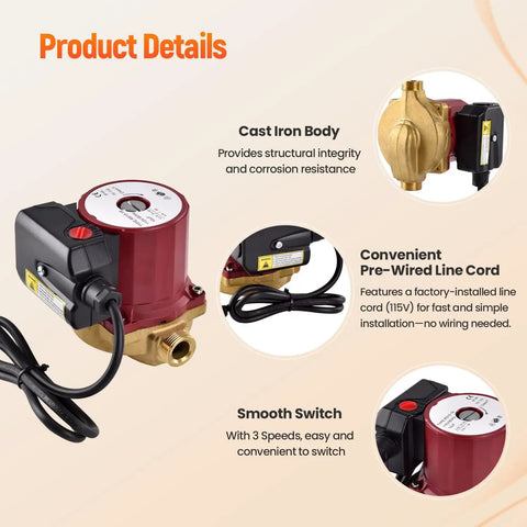 1.25 Hp 115V Water Circulator Pump With 1 2 Inch Sweat Line For Hydronic Heating and Radiant Floors showing cast iron body and pre-wired line cord.