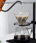 Adjustable Pour Over Coffee Stand Featuring Rock Solid Aluminum Base For Home Office Brewing with coffee dripping process.