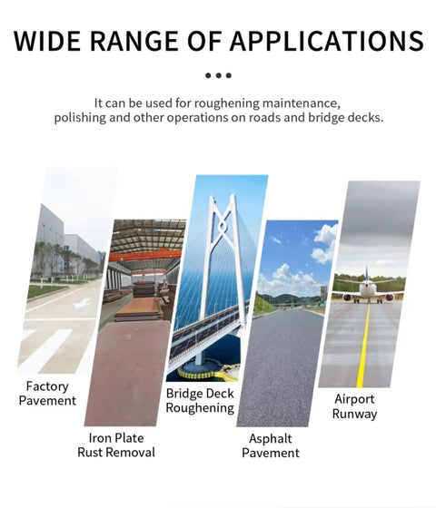 Concrete Floor Shot Blasting Machine For Industrial Floor Prep And Surface Refinement, Road Exterior Preparation Equipment For Warehouses And Road Maintenance, Tough As Nails Durable Build, High Efficiency Dust Control, Pro Grade Finish showing factory pavement, bridge decks and runway use