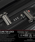 Detail of dual TSA lock on Lightweight 16 Inch Carry On Luggage With Dual Laptop Compartments; black TydeCkare hardshell case