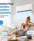 Top Tier 30000 BTU Smart Mini Split AC And Heat Pump With Wifi And Voice Control, indoor unit, woman using smart app.