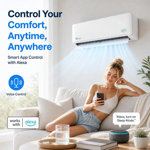 Top Tier 30000 BTU Smart Mini Split AC And Heat Pump With Wifi And Voice Control, indoor unit, woman using smart app.