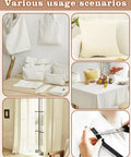 Various uses of Undyed 100 Percent Cotton Muslin Fabric By The Yard 63 Inch Wide Medium Weight Beige Calico For Sewing, Quilting, Embroidery, Crafts And Apparel Projects Starter Friendly And Budget Friendly For Beginners And Pros, showing items like bags, pillow covers, tablecloth, curtains, and sewing in progress.