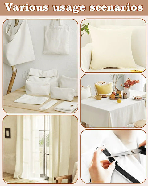 Various uses of Undyed 100 Percent Cotton Muslin Fabric By The Yard 63 Inch Wide Medium Weight Beige Calico For Sewing, Quilting, Embroidery, Crafts And Apparel Projects Starter Friendly And Budget Friendly For Beginners And Pros, showing items like bags, pillow covers, tablecloth, curtains, and sewing in progress.