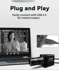 Top Tier Global Shutter Usb Camera With Hella Fast 640 Fps Monochrome Capture And Slick 5 To 50 Millimeter Cs Lens Kit For Linux Mac And Windows Platforms connected via USB to a laptop.