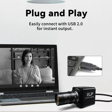 Top Tier Global Shutter Usb Camera With Hella Fast 640 Fps Monochrome Capture And Slick 5 To 50 Millimeter Cs Lens Kit For Linux Mac And Windows Platforms connected via USB to a laptop.