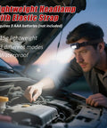 Man using a headlamp to check car engine at night, lightweight and elastic with 3 modes, part of Grab and Go Roadside Emergency Kit for Cars and SUVs.