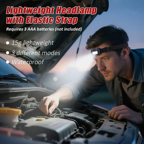 Man using a headlamp to check car engine at night, lightweight and elastic with 3 modes, part of Grab and Go Roadside Emergency Kit for Cars and SUVs.