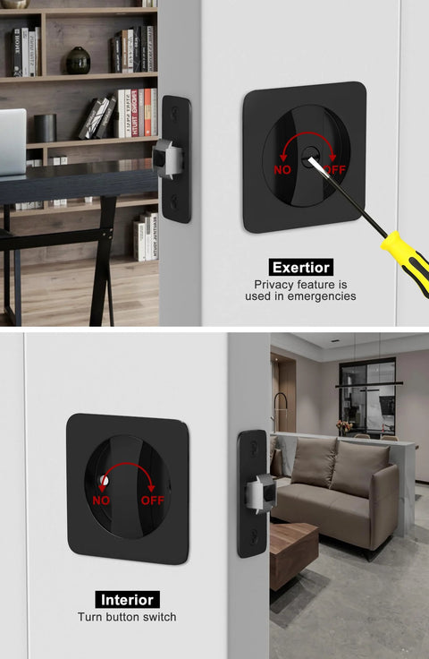 Black Pocket Door Lock For Sliding Doors With Privacy Latch And Rounded Corner Square Hardware Fits Standard Interior Doors From One And Three Eighths To Two And Three Sixteenths Inches Thick Ideal For Bathroom And Bedroom installed view showing exterior and interior