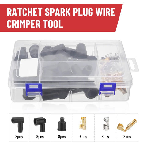 Pro Grade All-In-One Ratcheting Spark Plug Wire Crimp Tool Kit For 8.0-8.5mm Wires, Includes 180 Degree, 90 Degree And Straight Terminals