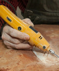 Heavy Duty Wool Felt Polishing Buffing Wheel Kit With Mandrel For Drill And Rotary Tool in use on a wooden surface.