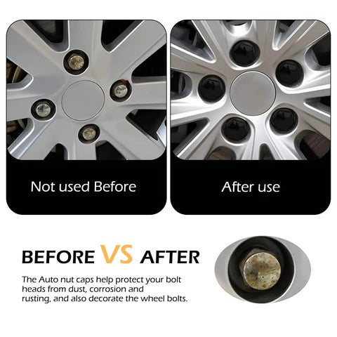 Before and after use of 20 Pack Lug Nut Covers 21mm Bolt Caps With Removal Tool Hexagonal Plastic Dustproof Wheel Nut Rim Covers Universal Fit For Most Cars Black 21mm Durable PP Construction Built To Last In Any Weather