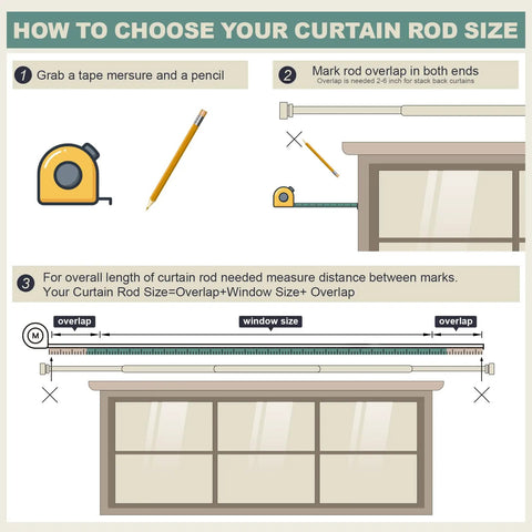 Infographic on choosing curtain rod size with measuring tape, pencil, and window illustration for Heavy Duty Warm Gold Curtain Rods 1 Inch Diameter Brass Look With Solid Metal Finials Adjustable From 28 To 48 Inches Outdoor Ready Farmhouse Bedroom Kitchen Living Room Decor.