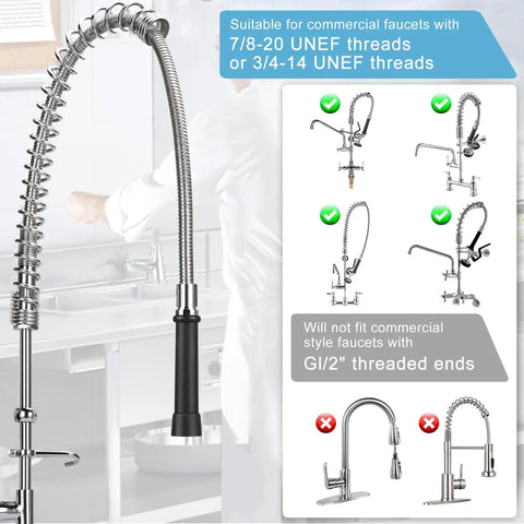 Heavy Duty 44 Inch Pre Rinse Hose With Grip Handle and Spring for Commercial Sinks, stainless steel in kitchen setting
