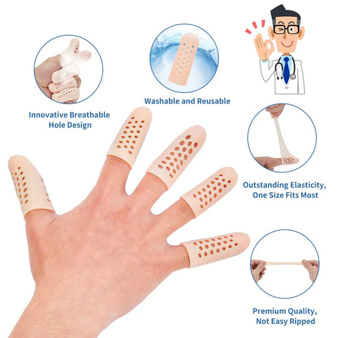 Hand wearing Gel Finger Cots Sixteen Piece Set Silicone Finger Protectors, showcasing breathable design and elasticity.