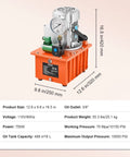 Beefy 10,000 PSI 750W 110V Electric Hydraulic Pump Power Pack With 8 L Capacity And Dual 9.8 Ft Oil Lines For Long Reach, Orange