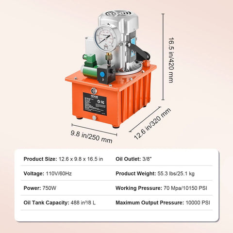 Beefy 10,000 PSI 750W 110V Electric Hydraulic Pump Power Pack With 8 L Capacity And Dual 9.8 Ft Oil Lines For Long Reach, Orange