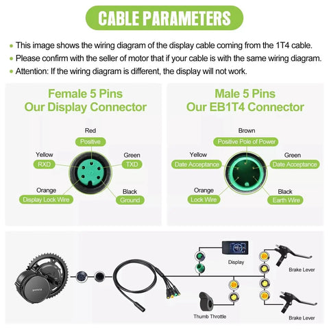 Wiring diagram for 2.4 Inch TFT LCD Ebike Display with connectors and system components, including motor and throttle.