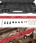Front view of 71400 manifold drill template kit for GM LS engines; red bar with markings and drill bits in a black case.