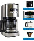Programmable Drip Coffee Maker With Glass Carafe 12 Cup Capacity Regular And Bold Brew Auto Shut Off Large Water Reservoir Reusable Filter Dishwasher Safe Carafe Boss Grade Kitchen Must Have For Home Offices And Small Cafes front view with digital controls and charcoal water filter.