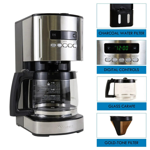 Programmable Drip Coffee Maker With Glass Carafe 12 Cup Capacity Regular And Bold Brew Auto Shut Off Large Water Reservoir Reusable Filter Dishwasher Safe Carafe Boss Grade Kitchen Must Have For Home Offices And Small Cafes front view with digital controls and charcoal water filter.