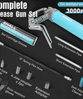 Shall mini grease gun kit with turquoise handle; includes 3 oz grease, 2x 4-jaw couplers, 12-in flex hose, nozzle