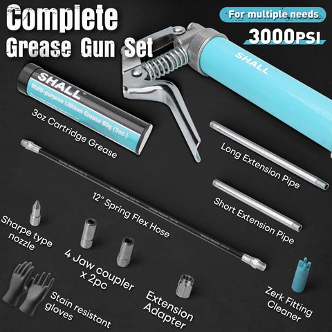 Shall mini grease gun kit with turquoise handle; includes 3 oz grease, 2x 4-jaw couplers, 12-in flex hose, nozzle