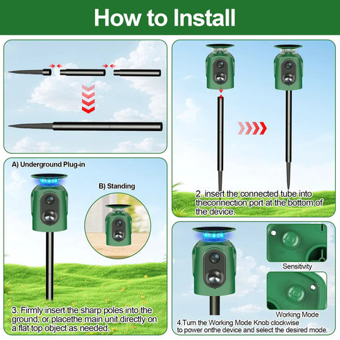 Solar Ultrasonic Animal Repeller With 360 Degree Detection And Motion Sensor IP65 Waterproof Outdoor Yard Guard To Keep Critters At Bay From Your Garden And Lawn installation steps