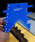 Blue anodized 2 In 1 Router Depth And Saw Gauge For Woodworking with laser engraved readouts held over a table saw blade.