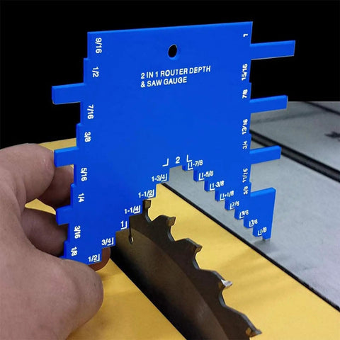 Blue anodized 2 In 1 Router Depth And Saw Gauge For Woodworking with laser engraved readouts held over a table saw blade.