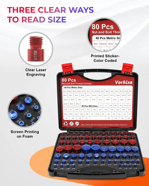 80 Piece Nut And Bolt Thread Checker Set With 40 SAE And 40 Metric Gauges in black case with clear size reading methods
