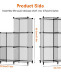 Product side view of Six Cube Storage Organizer in Light Grey, showing flexible modular shelf system dimensions with metal frame.