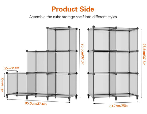 Product side view of Six Cube Storage Organizer in Light Grey, showing flexible modular shelf system dimensions with metal frame.