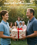 Two people exchanging a wrapped gift outdoors, with family in the background, under the text 'Ideal Gift for Bird Lovers'.