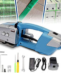 Heavy Duty Electric Strapping Machine With Hot Melt Welding and Adjustable Tension, portable bander with accessories in blue.