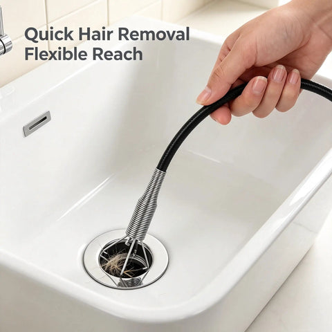 Heavy Duty Flexible Drain Clog Buster With 63 Inch Spring Steel Plumbing Snake in a sink removing hair and gunk.