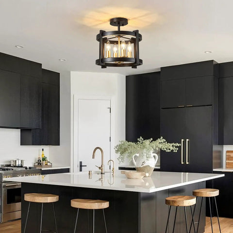 4 Light Dope Semi Flush Mount Ceiling Light Fixture In Black And Gold Farmhouse Rustic Vintage Style in modern kitchen