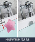 Kid Safe Silicone Bathtub Overflow Drain Cover With Five Rock Solid Suction Cups Keeps Water In While Protecting Little Ones From Hits And Quick Drains Easy Swap Starfish Shape super snug fit showing before and after water levels.