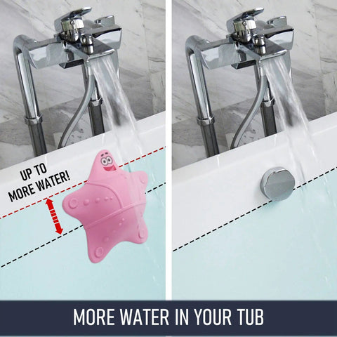 Kid Safe Silicone Bathtub Overflow Drain Cover With Five Rock Solid Suction Cups Keeps Water In While Protecting Little Ones From Hits And Quick Drains Easy Swap Starfish Shape super snug fit showing before and after water levels.