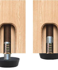 Close-up of 16 Pack Adjustable Wood Furniture Levelers with One Quarter Inch Twenty Thread Inserts showing galvanized steel and wood material.