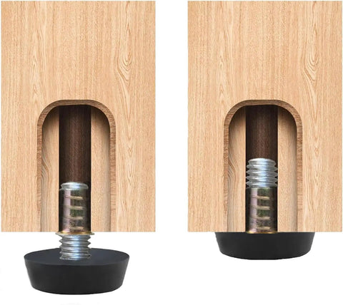 Close-up of 16 Pack Adjustable Wood Furniture Levelers with One Quarter Inch Twenty Thread Inserts showing galvanized steel and wood material.