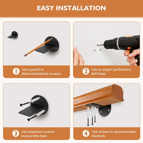 Installation guide showing steps for Rock Solid 2 Ft Premium Wood Stair Handrail For Indoor Outdoor Walls with mounting details.
