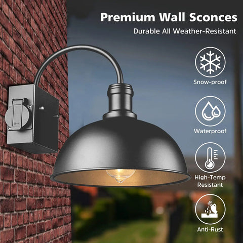Two Pack Outdoor Wall Sconces Gooseneck Barn Light Style Vintage Matte Black Exterior Lighting Fixture With Built In UL Outlet Waterproof