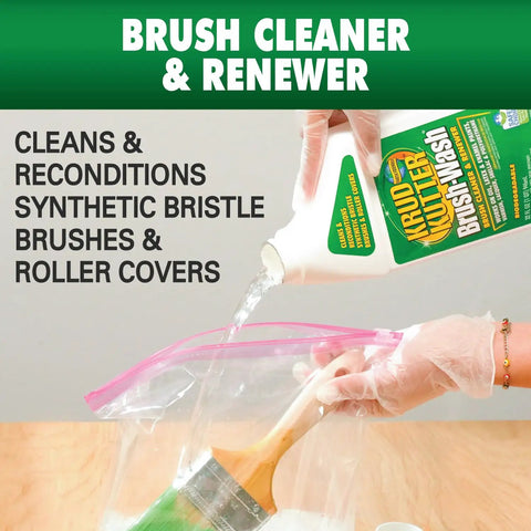 Pouring brush wash cleaner and restorer for latex and oil based paint 32 oz liquid into a bag with paint brush