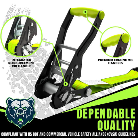 Killer Heavy Duty Ratchet Straps With J Hooks Two Inch By Fifteen Foot Ten Thousand Pound Breaking Strength Tie Down Cargo Straps For Truck Trailer Moving Fluorescent Green Four Pack
