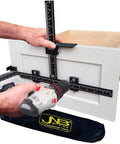 Cabinet Hardware Jig With Center Drill Guide For Drawer Handles And Pulls, Easy Install Tool, Full Aluminum Body shown in use on cabinet